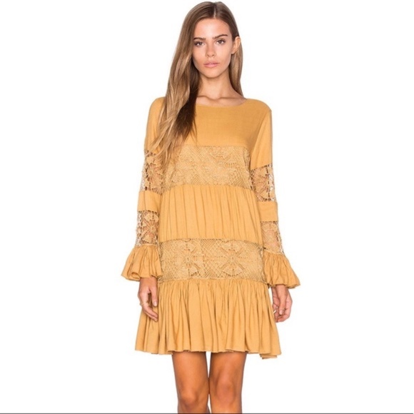 Revolve x Tularosa Boho Lace Ruffle Tiered Berkley Saffron Mini Dress - Picture 3 of 9